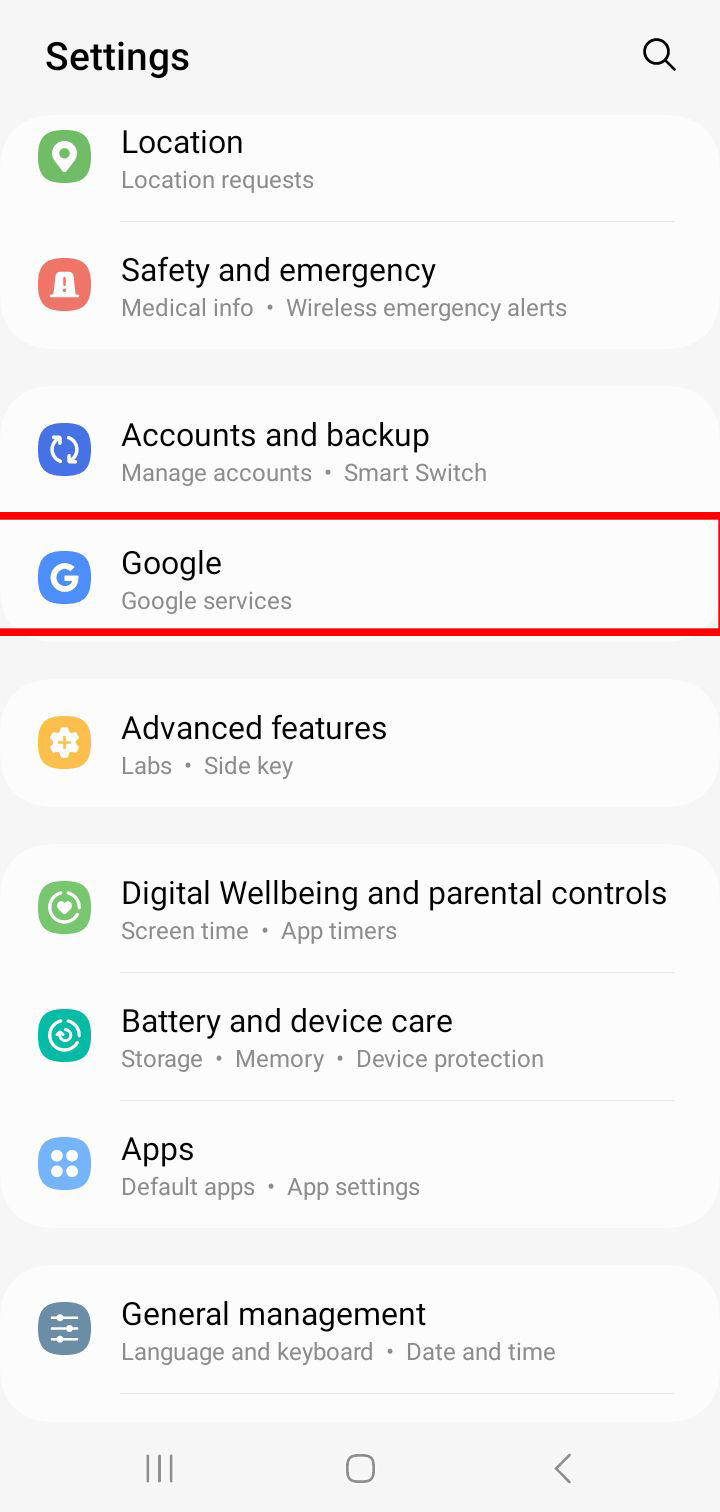 Android settings menu showing various options including Google services