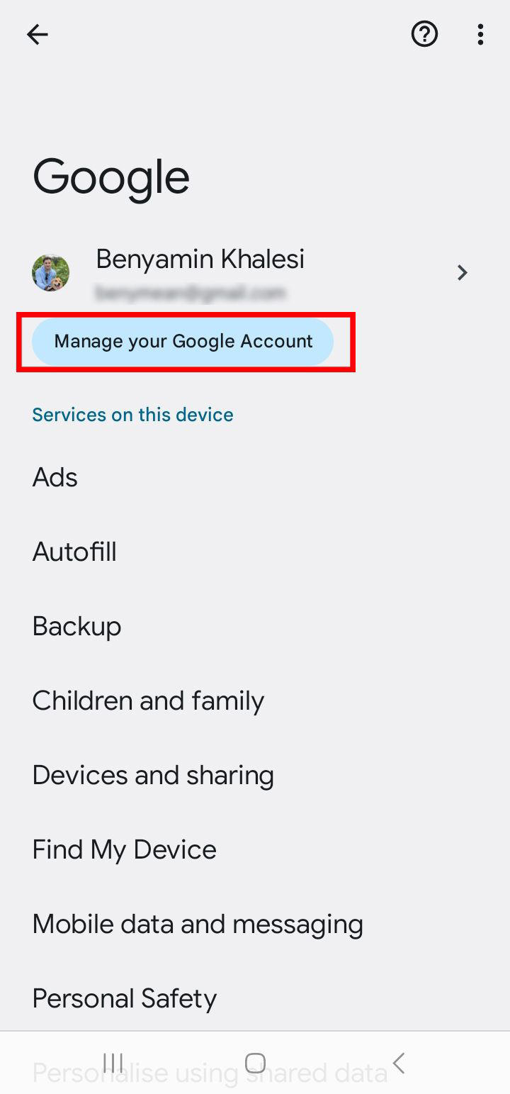 Google account management screen with option to 