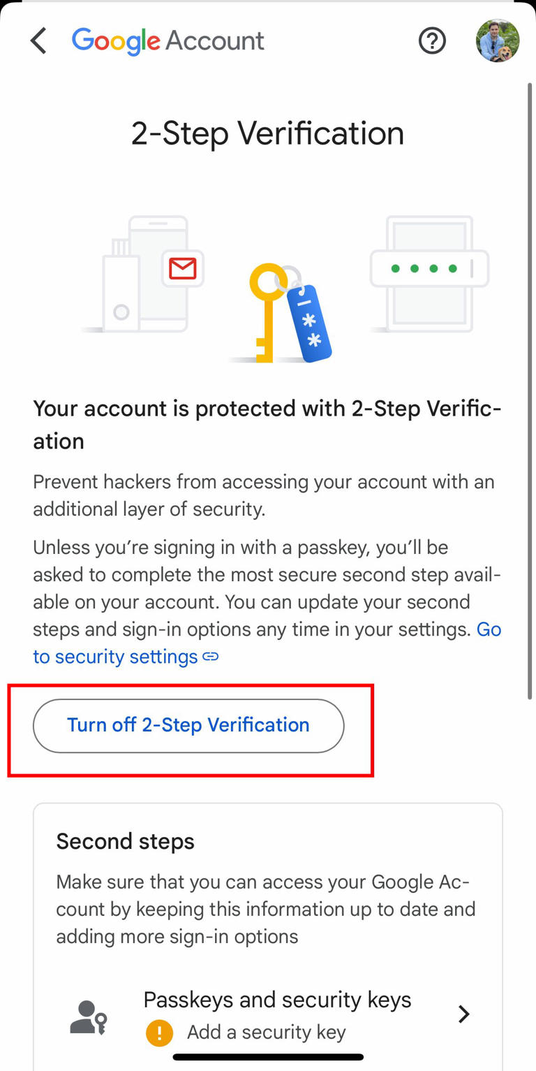 Google Account 2-Step Verification settings screen with option to turn it off 