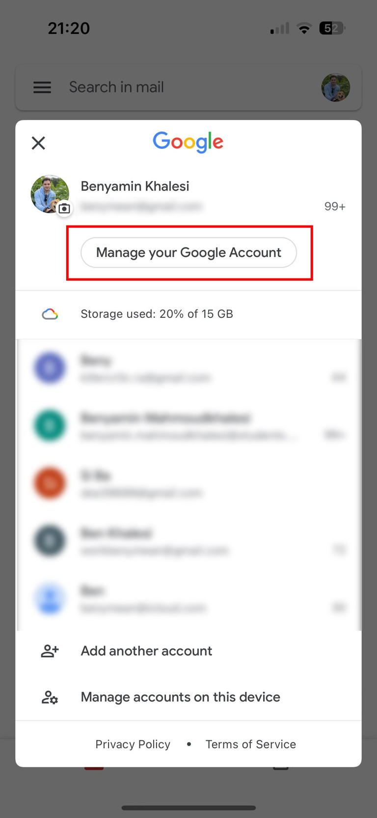 Google Account management screen 
