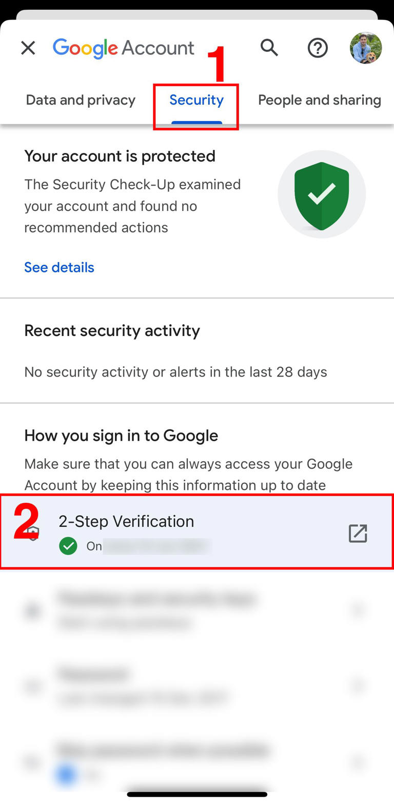 Google Account security section showing 2-Step Verification enabled and no recent security alerts.