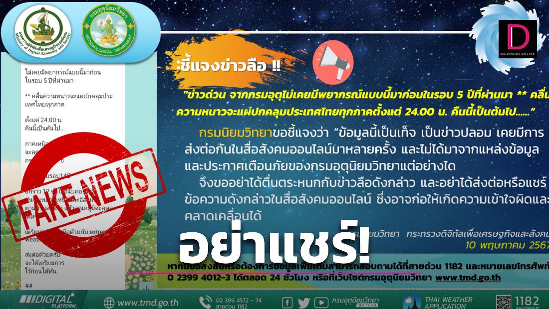 กรมอุตุฯ ชี้แจงแล้ว หลังโซเชียลแชร์กันว่อน “คลื่นความหนาวจะแผ่ปกคลุมประเทศไทยทุกภาคตั้งแต่ 24.00 น. คืนนี้”