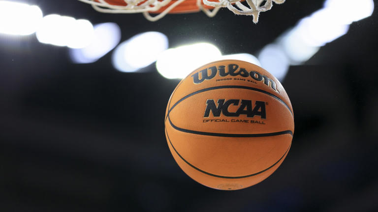 Feb 4, 2023; Cincinnati, Ohio, USA; The NCAA logo is seen on a Wilson game ball during a free throw attempt in the game between the UCF Knights and the Cincinnati Bearcats in the second half at Fifth Third Arena. Mandatory Credit: Aaron Doster-USA TODAY Sports