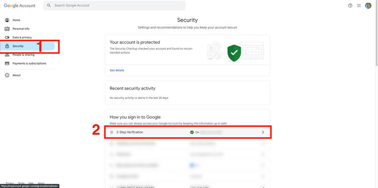 Google Account Security settings page showing 2-Step Verification is enabled.
