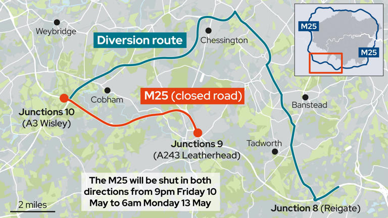 M25 closures mapped as drivers warned to expect delays this weekend