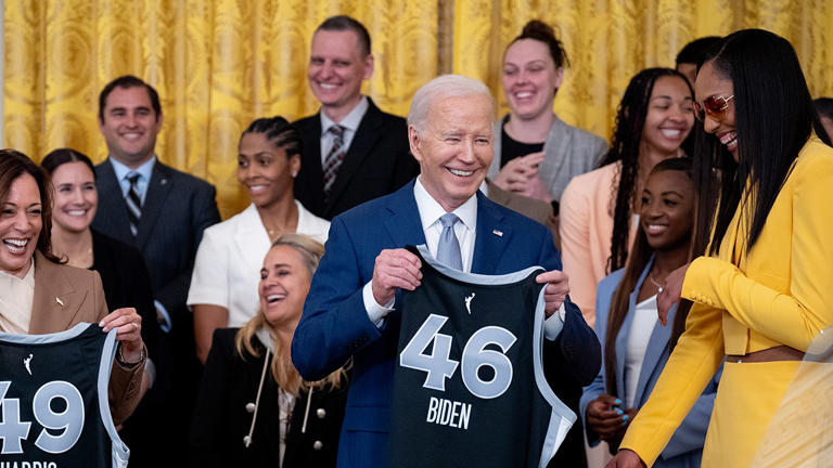 Las Vegas Aces forward A'ja Wilson, right, and Las Vegas Aces guard Chelsea Gray, left, present jerseys to Vice President Kamala Harris and President Biden during a ceremony to celebrate the WNBA Champion Las Vegas Aces in the East Room of the White House on May 9, 2024 in Washington, D.C. The Las Vegas Aces defeated the New York Liberty 70-69 in Game 4 of the 2023 WNBA Finals on Oct. 18, 2023 at Barclays Center in Brooklyn, New York. Getty Images
