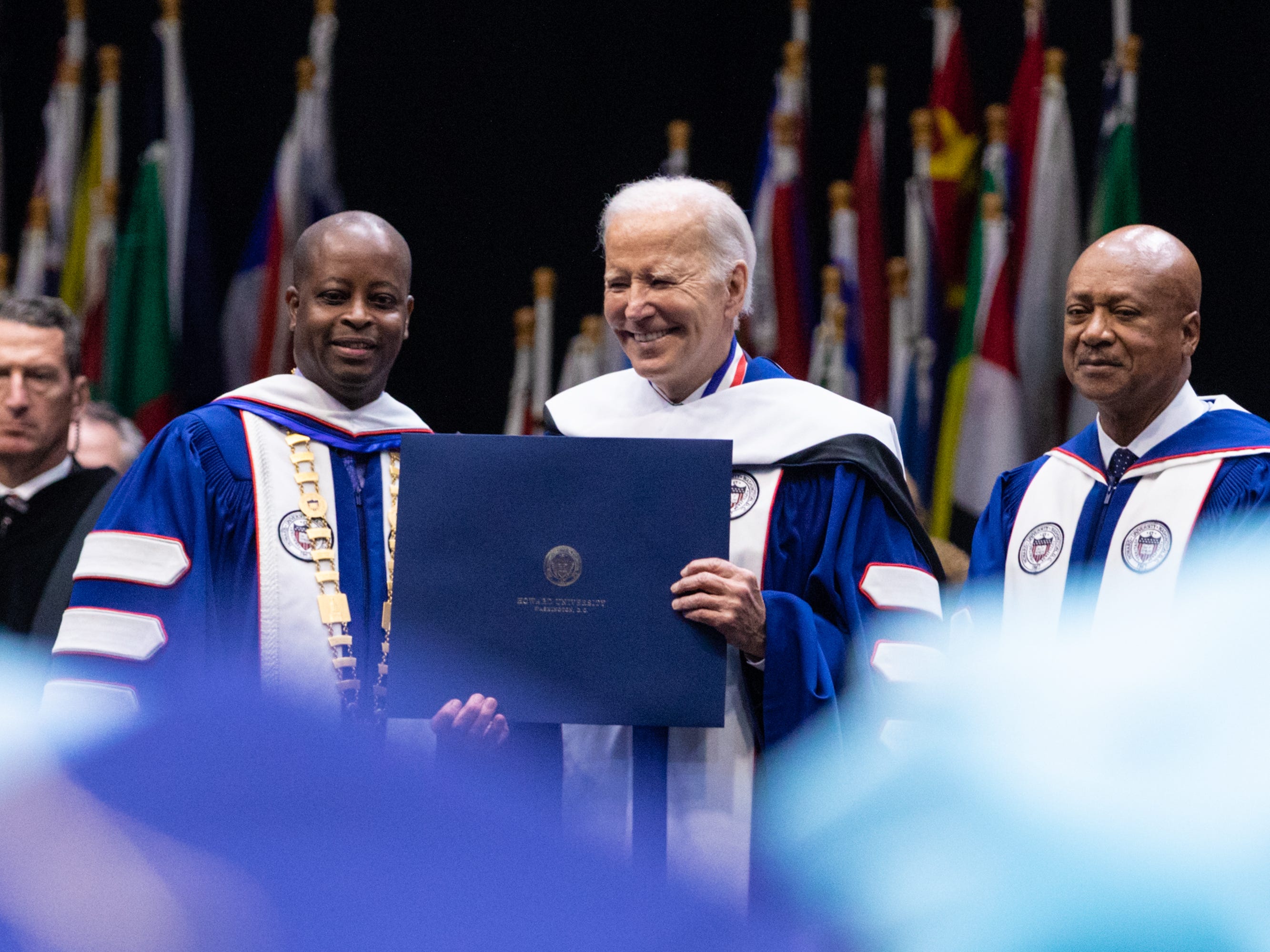 <p>The president received an honorary degree and spoke of the values of America at the HBCU, the alma mater of his vice president, Kamala Harris.</p><p>"We're the only country founded on an idea — not geography, not religion, not ethnicity, but an idea. The sacred proposition, rooted in Scripture and enshrined in the Declaration of Independence, that we're all created equal in the image of God and deserve to be treated equally throughout our lives," Biden said. "While we've never fully lived up to that promise, we never before fully walked away from it."</p><p>Biden also addressed many of the causes his campaign has pushed over the years, including the right to choose and "to put democracy on the ballot."</p><p>"We can finally resolve those ongoing questions about who we are as a nation. That puts strength of our diversity at the center of American life," he continued. "A future that celebrates and learns from history. A future for all Americans. A future I see you leading. And I'm not, again, exaggerating. You are going to be leading it."</p>