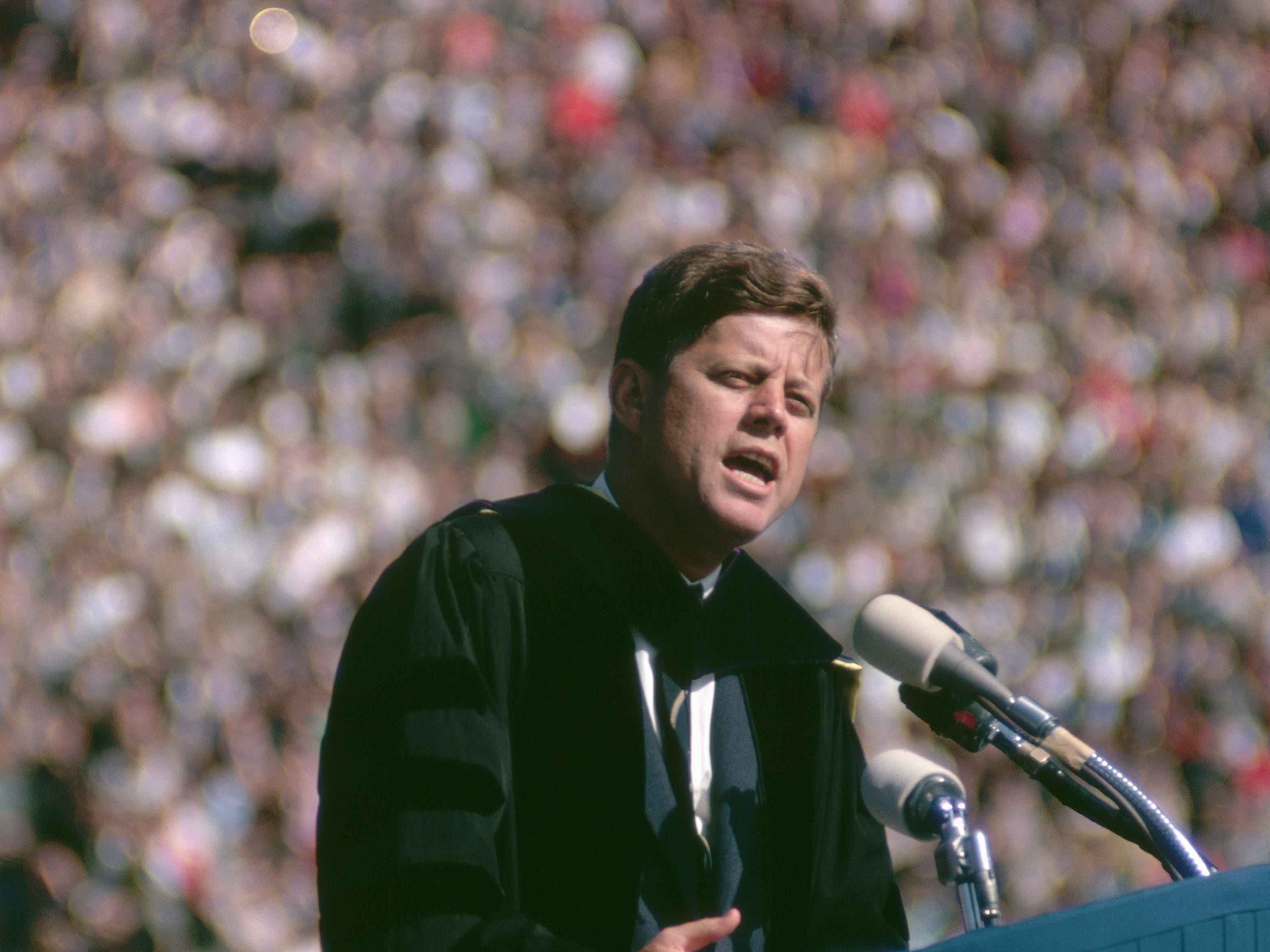 <p>Against the tumult of the early '60s, <a href="https://www.businessinsider.com/photos-show-daily-life-in-john-f-kennedys-white-house-2023-3">John F. Kennedy</a> inspired graduates to strive for what may be the biggest goal of them all: world peace.</p><p>"Too many of us think it is impossible," he said. "Too many think it unreal. But that is a dangerous, defeatist belief. It leads to the conclusion that war is inevitable — that mankind is doomed — that we are gripped by forces we cannot control."</p><p>Our job is not to accept that, he urged. "Our problems are manmade — therefore, they can be solved by man. And man can be as big as he wants." </p>