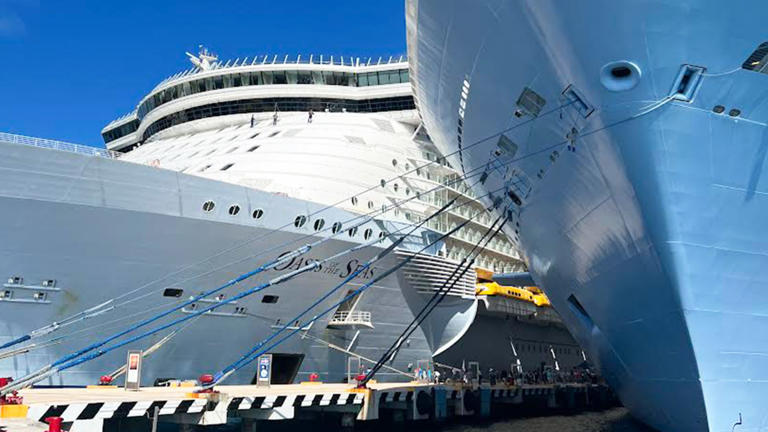 Royal Caribbean's Oasis of the Seas and Odyssey of the Seas docked in Cozumel. Lead. DBK.