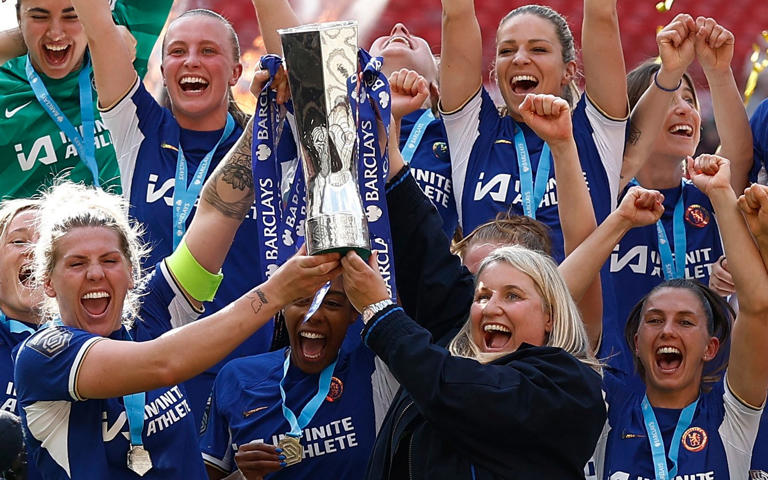 Emma Hayes and Chelsea have won their fifth WSL title in succession after a dramatic turnaround over the final two games and a 6-0 victory at Old Trafford - Reuters/Jason Cairnduff