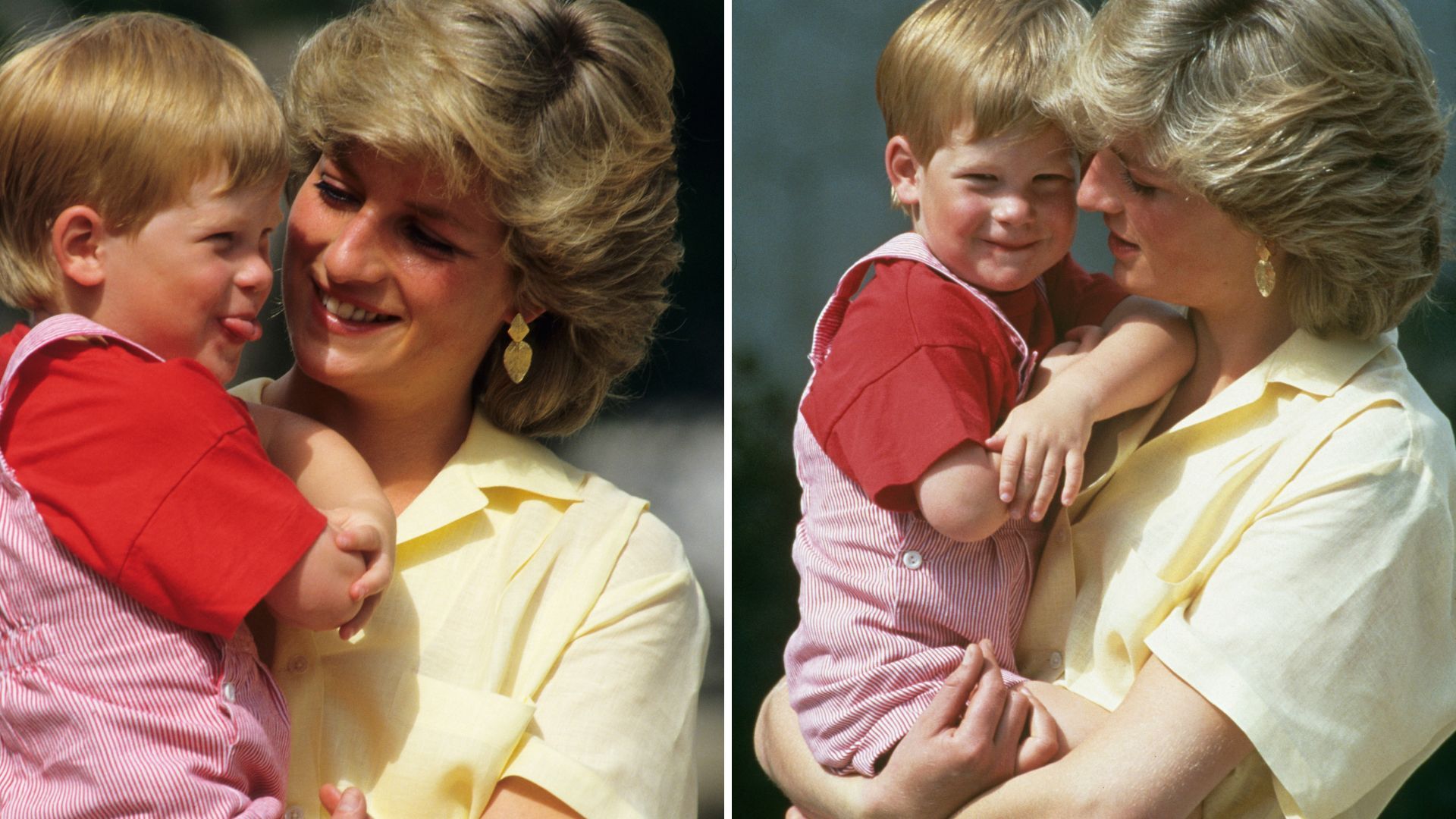 <p>                     The joy and comfort on Prince Harry's face is heart-warming enough, and it showed how safe and happy the young prince was with his mother, the late Princess Diana.  Pictured while on holiday in Palma de Mallorca in 1987, the young prince looks totally adorable in pink dungarees and a red t-shirt.                   </p>