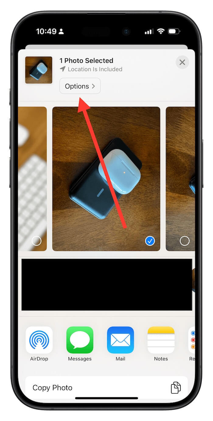 Options button when sharing photos on iPhone