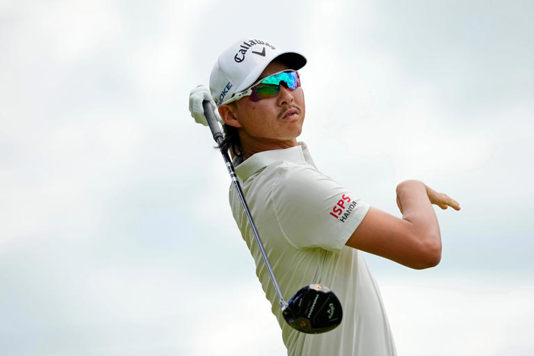 May 18, 2024; Louisville, Kentucky, USA; Min Woo Lee tees off on the fifth hole during the third round of the PGA Championship golf tournament at Valhalla Golf Club.