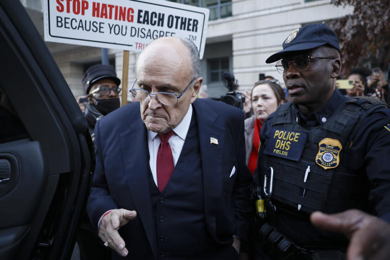 Rudy Giuliani, the former personal lawyer for former U.S. President Donald Trump, departs from the E. Barrett Prettyman U.S. District Courthouse after a verdict was reached in his defamation jury trial on December 15, 2023 in Washington, DC.