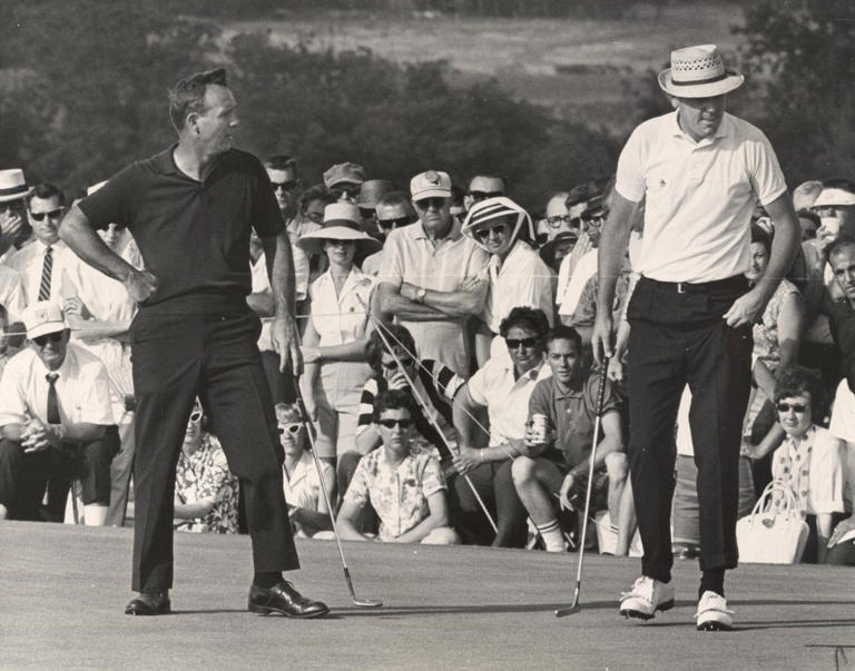 On May 18, 1964, Arnold Palmer, at left, was only one putt away from victory as he waited for Terry Dill to putt on the 18th hole during the Oklahoma City Open golf tournament.