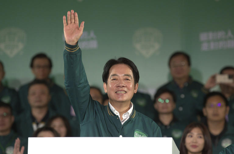 Vice President Lai Ching-te, also known as William Lai, celebrates his victory after Taiwan's presidential election, in Taipei on Jan. 13, 2024.
