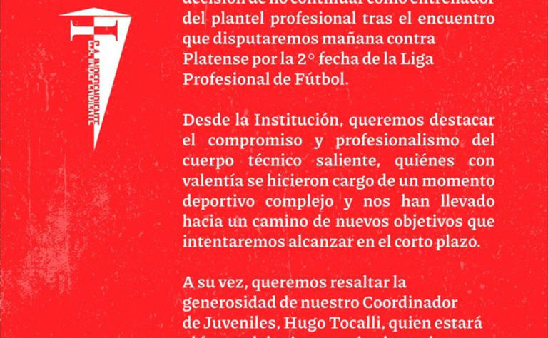 Comunicado oficial de Independiente.