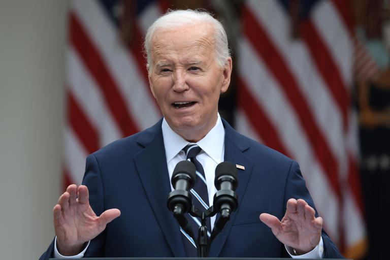 President Joe Biden announces increased tariffs to promote American investments and jobs in the Rose Garden of the White House on May 14, 2024, in Washington, DC.