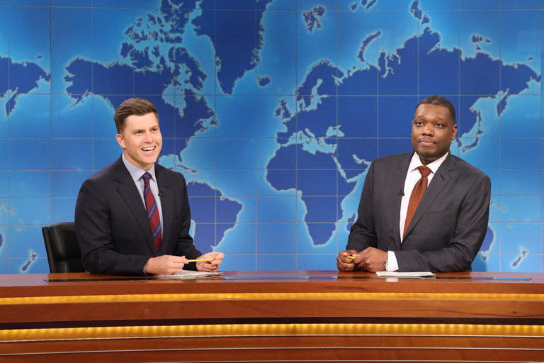 Colin Jost and Michael Che anchor "Weekend Update" on "Saturday Night Live" on May 18, 2024.