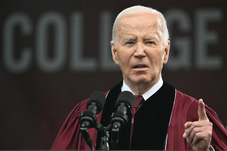 President Joe Biden delivers a commencement address during Morehouse College's graduation ceremony in Atlanta, Georgia on May 19, 2024.