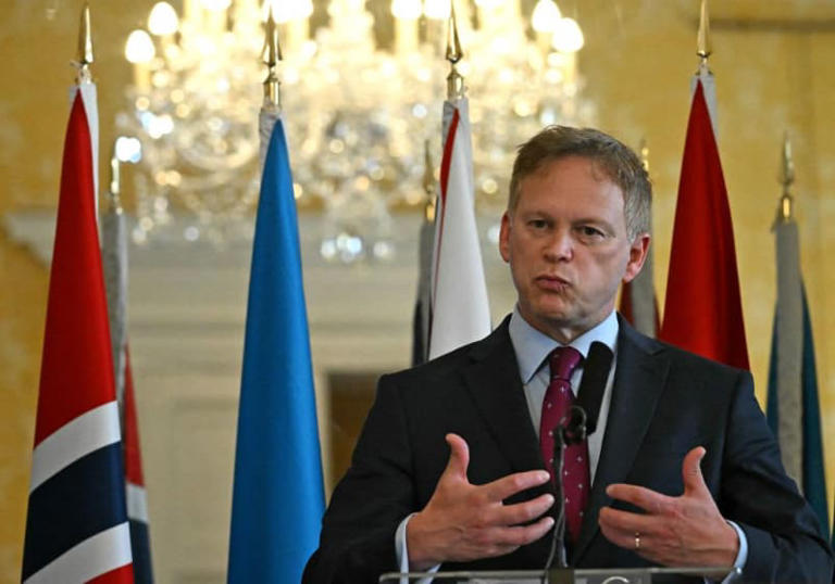 U.K. Defence Secretary Grant Shapps speaks during a joint press conference with Norway's Defense Minister and Ukraine's Vice Admiral Oleksii Neizhpapa in central London on Dec. 11, 2023. (Ben Stansall/AFP via Getty Images)