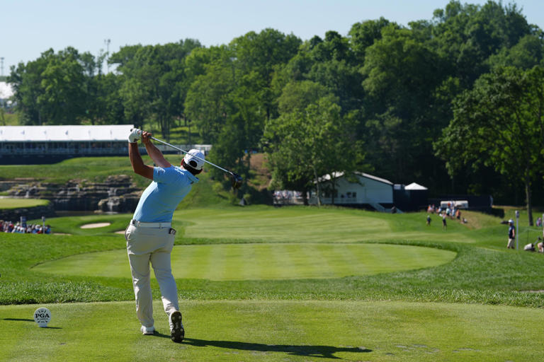 Alejandro Tosti tees off on the 13th hole during the fourth round of the PGA Championship at Valhalla Golf Club on Sunday, May 19, 2024.