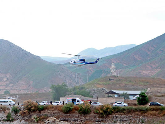 The helicopter carrying Iranian President Ebrahim Raisi takes off at the Iranian border with Azerbaijan after President Raisi and his Azeri counterpart Ilham Aliyev inaugurated dam of Qiz Qalasi, or Castel of Girl in Azeri, Iran, May 19, 2024.