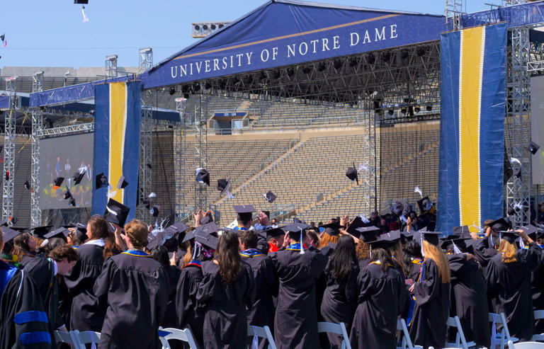 Members of the University of Notre Dame Class of 2024 celebrate at Sunday's commencement.