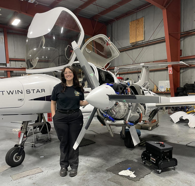GNB Voc-Tech junior Elizabeth Santos, 17, is seen at New Bedford Regional Airport where she participates in a work-study program. Santos was the Bronze prize winner in the statewide SkillsUSA Diesel Equipment Technology competition earlier this month.