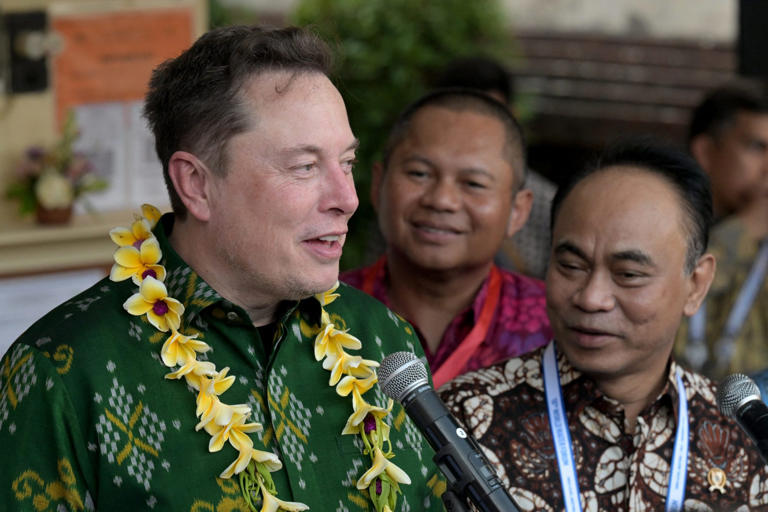 Elon Musk speaks during a ceremony held to inaugurate Starlink at a community health center in Bali on May 19, 2024.