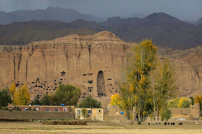 A view shows the site where the Shahmama Buddha statue once stood before being destroyed by the Taliban in March 2001
