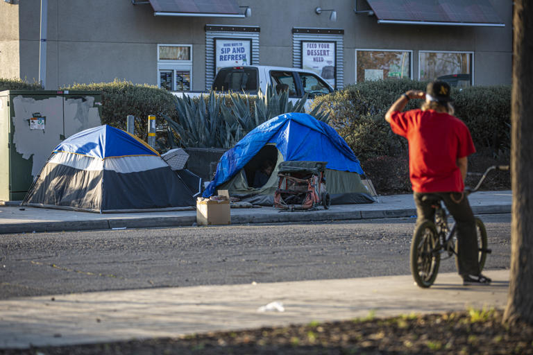Two tents set up across from Roeding Park in a small homeless encampment in Fresno on Feb. 10, 2022. Photo by Larry Valenzuela for CalMatters