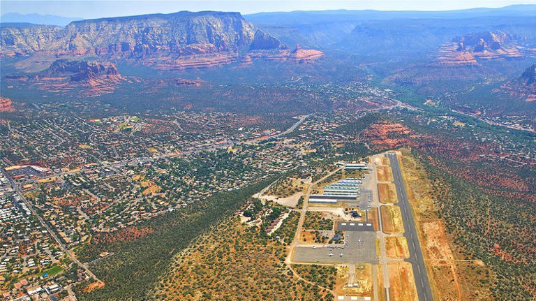 Aerial view airport and red rock
