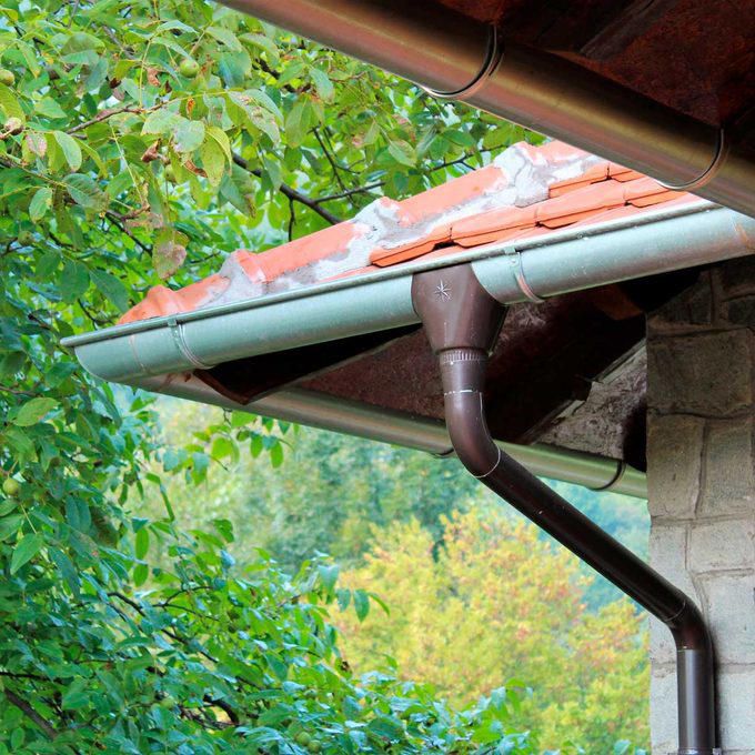 A rain gutter channels water from a tiled roof toward a downspout, surrounded by green foliage and distant trees in a vibrant landscape.