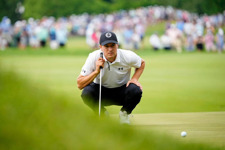 May 18, 2024; Louisville, Kentucky, USA; Jordan Spieth lines up a putt on the fourth green during the third round of the PGA Championship golf tournament at Valhalla Golf Club. Mandatory Credit: Adam Cairns-USA TODAY Sports