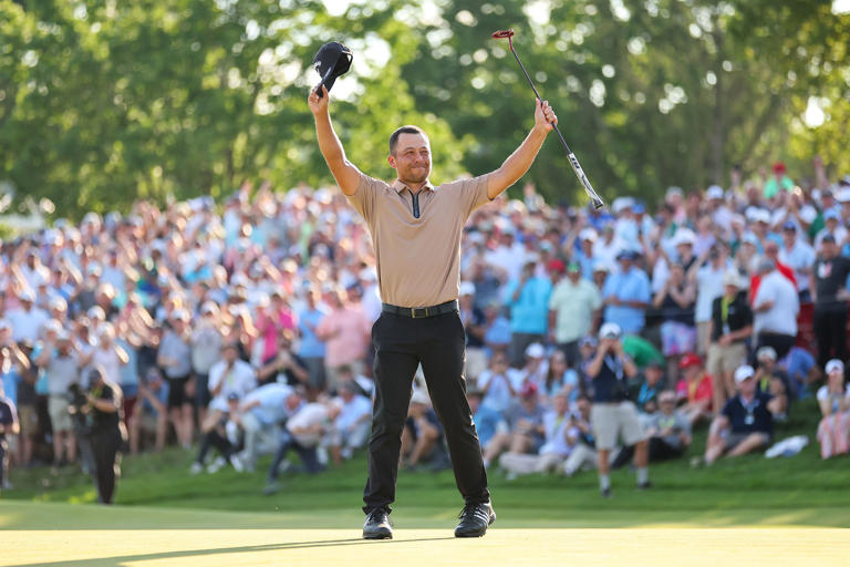 Xander Schauffele of the United States celebrates after winning on the 18th green during the final round of the 2024 PGA Championship at Valhalla Golf Club on May 19, 2024, in Louisville, Kentucky.