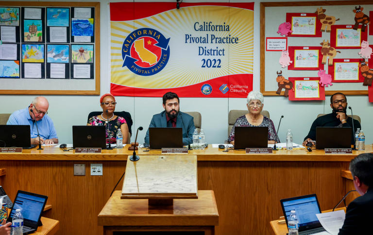 Antioch Unified School board members, from left to right is Gary Hack, Dr. Jag Lathan, Board President Antonio Hernandez, Mary Rocha and Dr. Clyde Lewis wait for a member of the community to speak during a meeting at the AUSD Office Board Room in Antioch, Calif., on Wednesday, May 8, 2024.