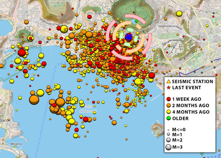Maps shows hundreds of seismic events this year as part of a ‘seismic storm’ of activity at Campi Flegrei (Picture: National Institute of Geophysics and Volcanology)