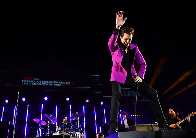 Singer Brandon Flowers and drummer Ronnie Vannucci Jr. of The Killers perform during the Formula 1 Las Vegas Grand Prix 2023 launch party on November 05, 2022 in Las Vegas, Nevada. 