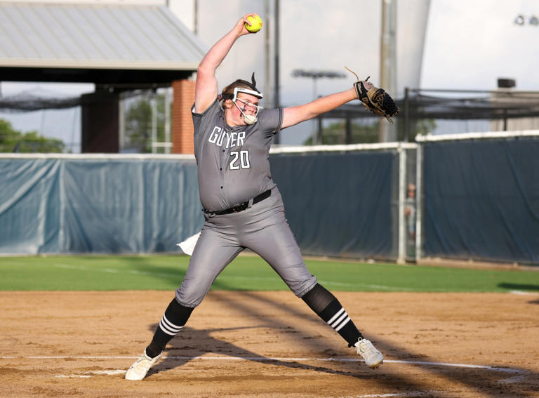 Guyer sophomore pitcher/first base Finley Montgomery uncorks a pitch during a 7-2 win over Flower Mound Marcus on May 8, 2024. Photo by Michael Horbovetz