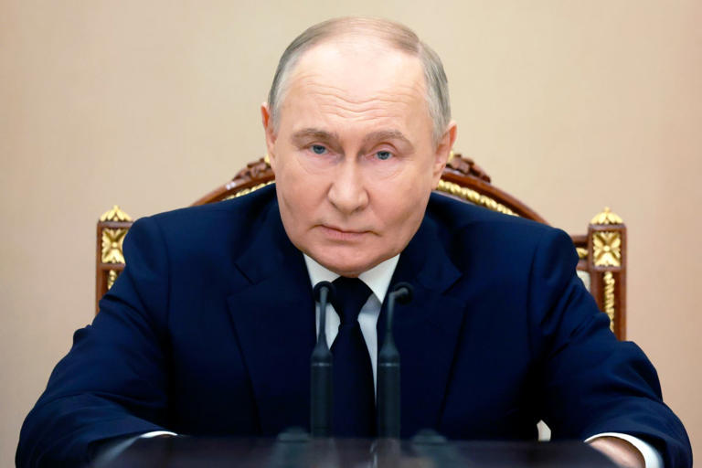 Russian President Vladimir Putin speaks during a meeting with commanders of military districts at the Kremlin in Moscow, Russia, on May 15, 2024