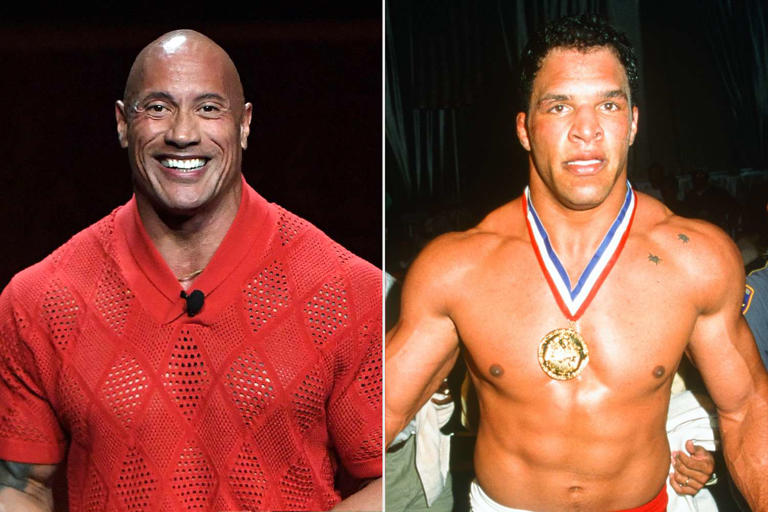 VALERIE MACON/AFP via Getty Images; Zuffa LLC via Getty Images Dwayne "The Rock" Johnson in Las Vegas on April 26, 2022 (L); Mark Kerr in Bay St. Louis, Mississippi, on Oct. 17, 1997