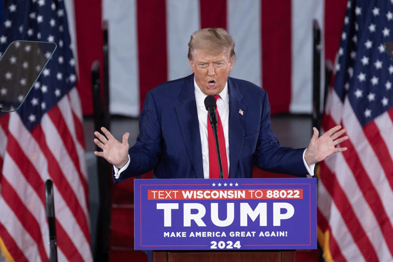 Former U.S. President Donald Trump speaks at a campaign rally on May 1, 2024, in Waukesha, Wisconsin. A recent poll has Trump and President Joe Biden tied in the state. (Scott Olson/Getty Images/TNS)