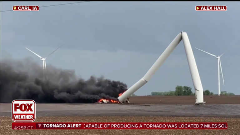 Watch: Wind turbine burns in Iowa after being destroyed by tornado