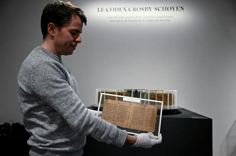 The Crosby-Schoyen Codex at Christie's auction house in Paris. The manuscript goes up for auction in London on June 11, 2024.