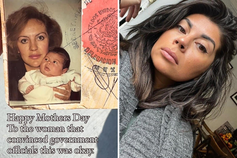 From left, Gabriela Figueroa Castro sits with her mother in a 1980s passport photo, and Castro now. The passport photo has surprised viewers on social media.