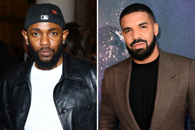 Kendrick Lamar on May 1, 2023, in New York City and Drake on June 4, 2019, in Los Angeles, California. The rap icons have been feuding since 2013.