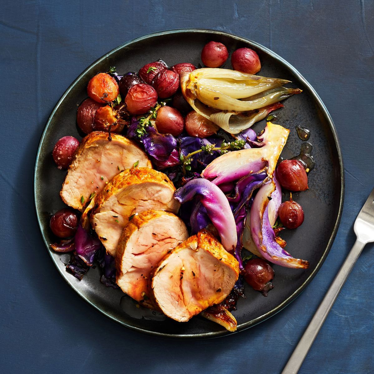 46) Pork Tenderloin with Roasted Red Grapes and Cabbage