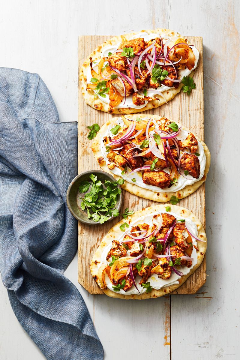 44) Tandoori-Spiced Cauliflower Chicken Flatbreads