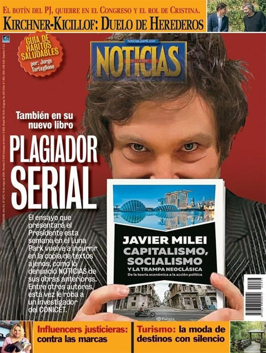 La revista Noticias denunció a Milei por plagio.